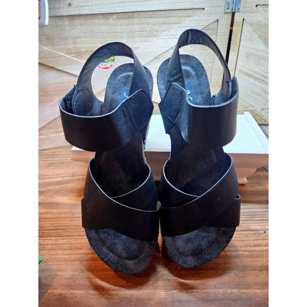 Natural Boho Wedge Chunky Sandals Wmn Sz 8 Black Cork Strappy Ankle Strap #560